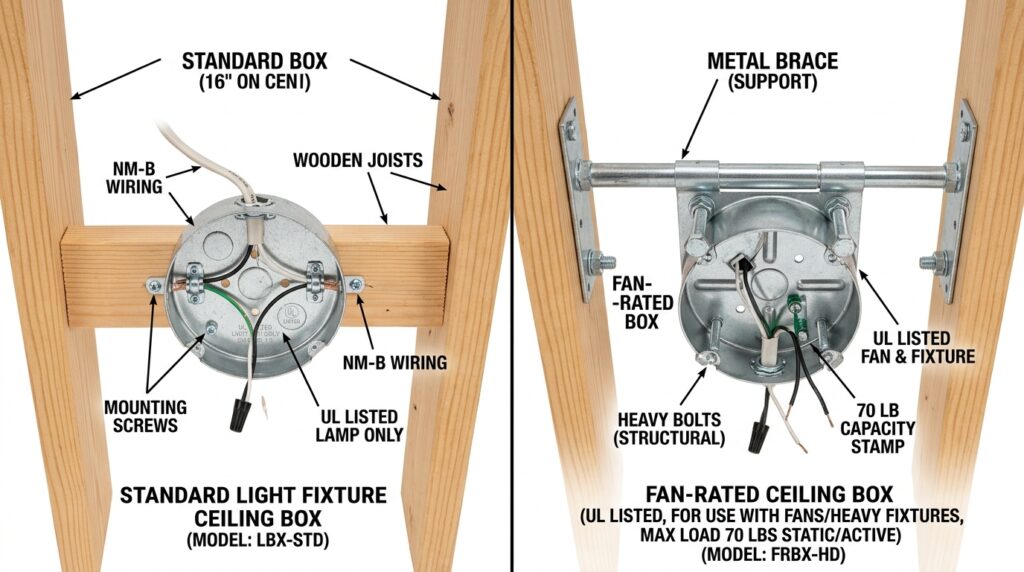 standard ceiling box vs fan-rated ceiling box comparison showing structural difference