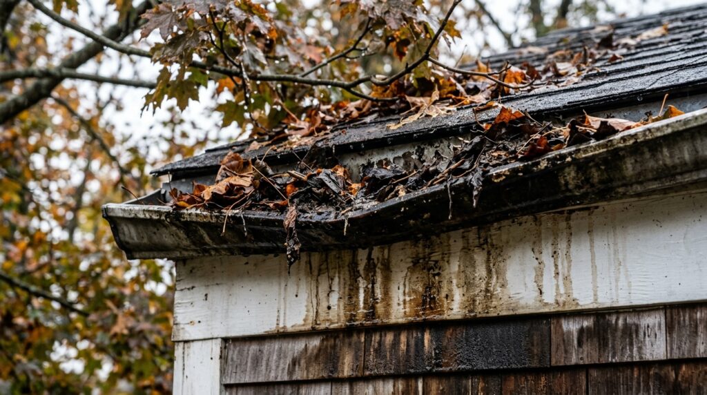 clogged gutter full of wet leaves and debris with water stain on fascia