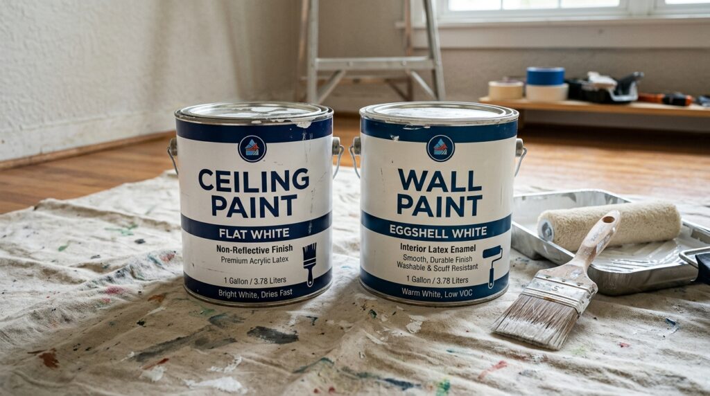 ceiling paint and wall paint cans side by side showing difference in sheen and formula