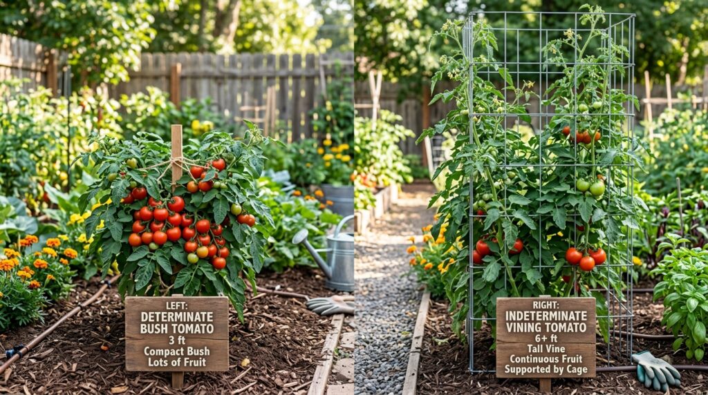 determinate bush tomato plant versus tall indeterminate vining tomato plant comparison