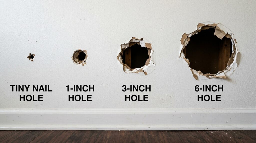 four drywall holes of different sizes showing nail hole small medium and large damage