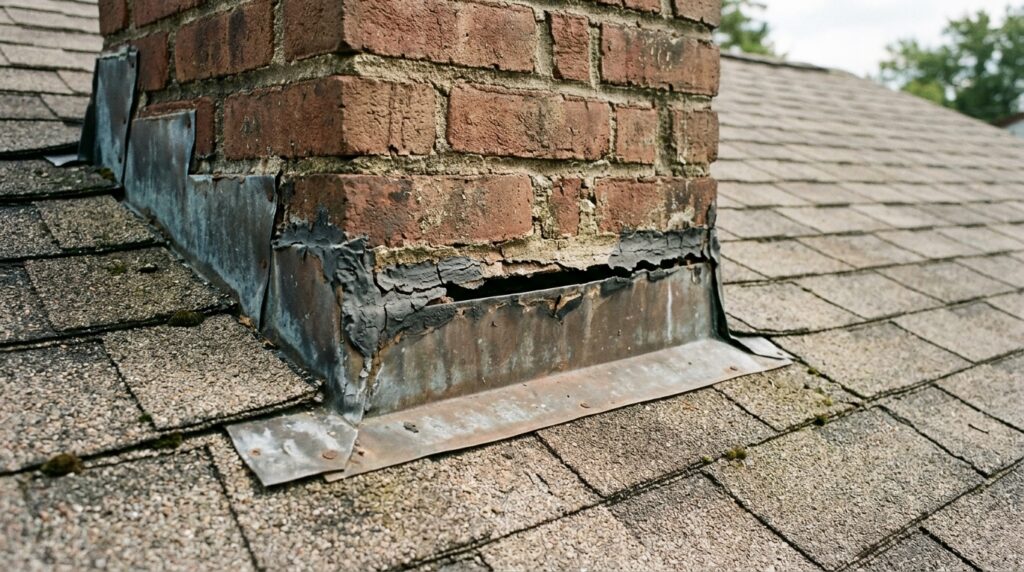 roof flashing gap around chimney showing common leak source