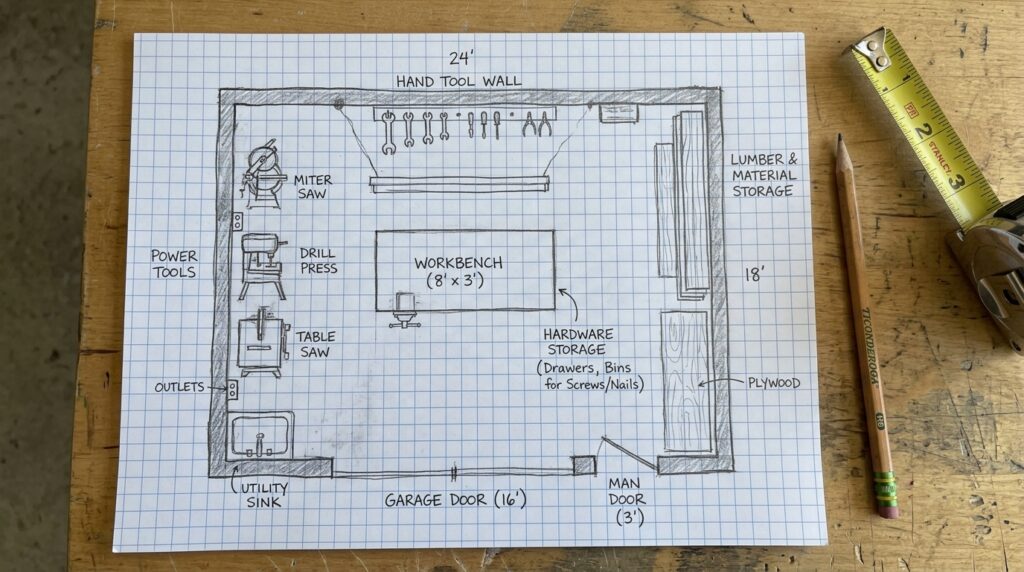 hand drawn garage workshop zone layout on graph paper showing workbench and storage areas