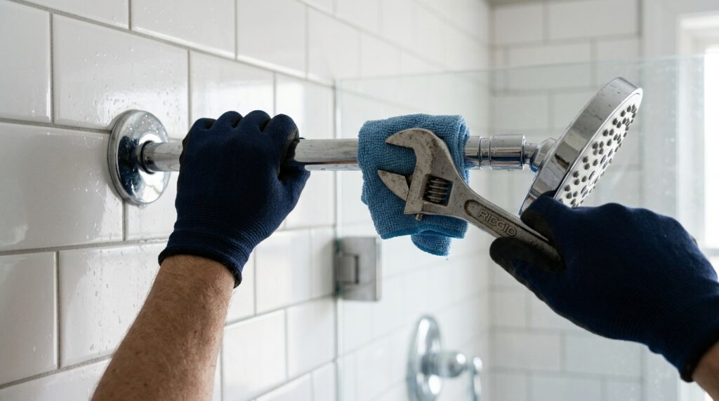 holding shower arm steady while using wrench to remove shower head