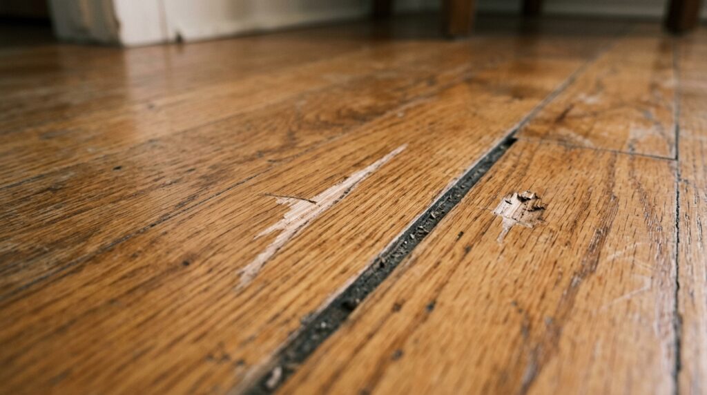 hardwood floor with visible scratch gouge and gap between boards
