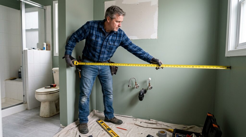 measuring bathroom wall width for new vanity installation with tape measure