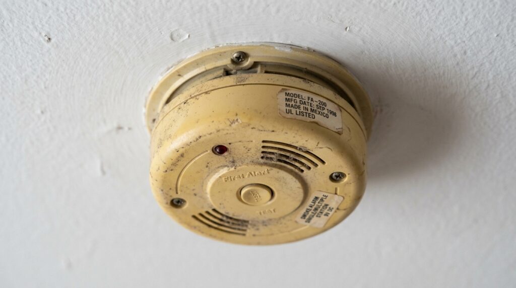 old yellowed smoke detector on ceiling needing replacement