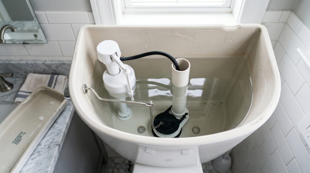 open toilet tank showing flapper fill valve and overflow tube