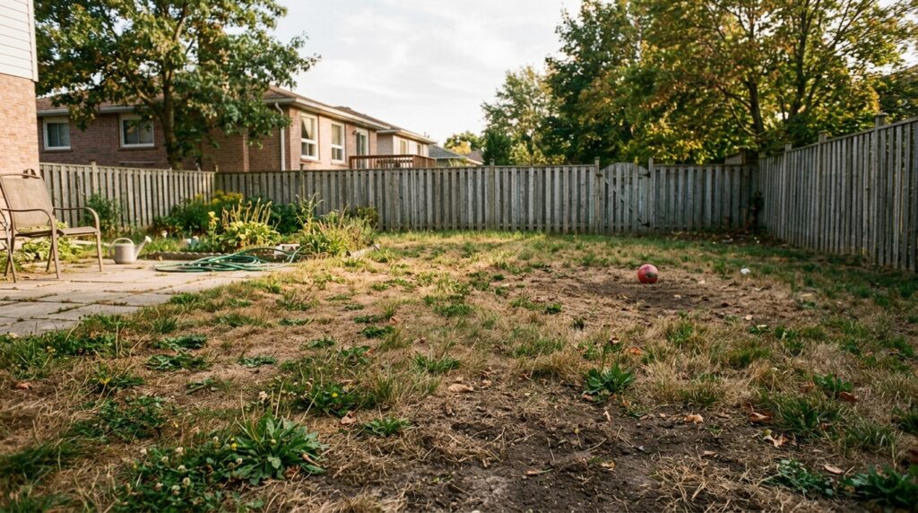 patchy lawn with bare dirt spots needing reseeding