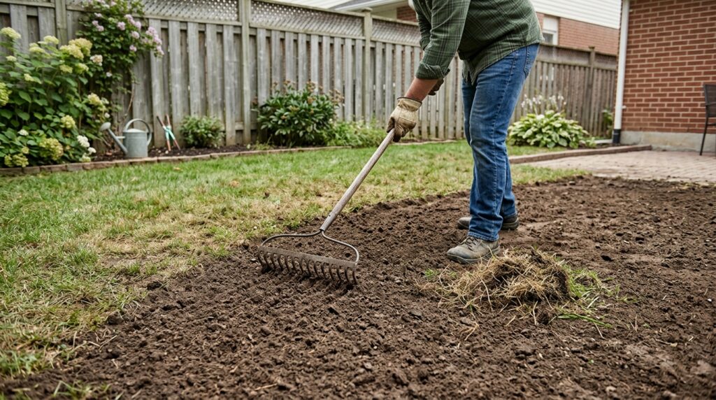 garden rake loosening and leveling bare soil to prepare seedbed before planting grass