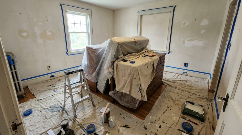 room prepped for painting with furniture covered and drop cloths on floor