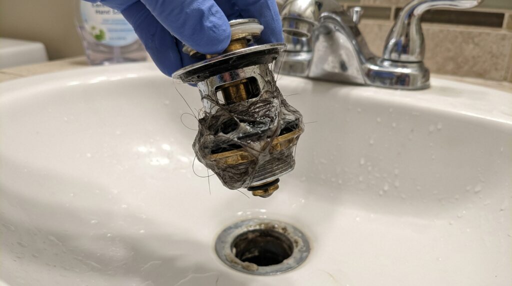 pop-up stopper removed from drain showing hair and soap scum buildup causing clog