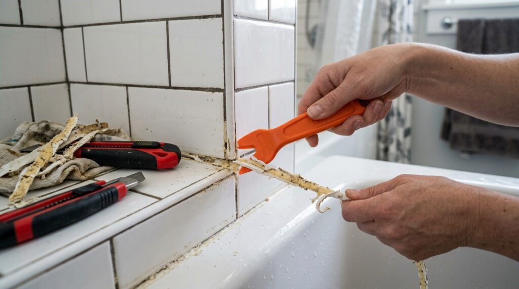 plastic caulk remover tool pulling old caulk from shower tile joint during removal step