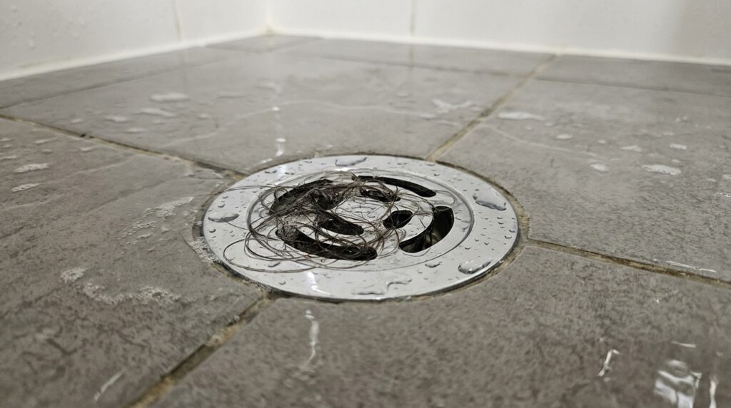 shower drain with hair buildup and water pooling around drain cover