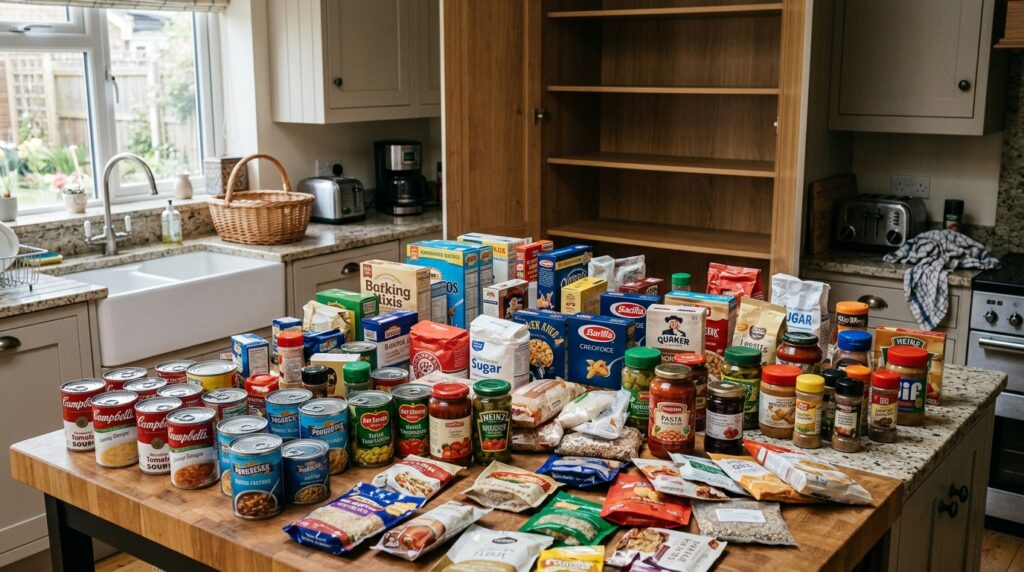 pantry contents spread on kitchen counter for sorting during organization process
