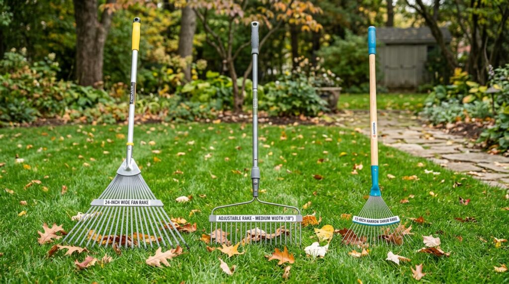 three types of leaf rakes wide fan rake adjustable rake and narrow shrub rake