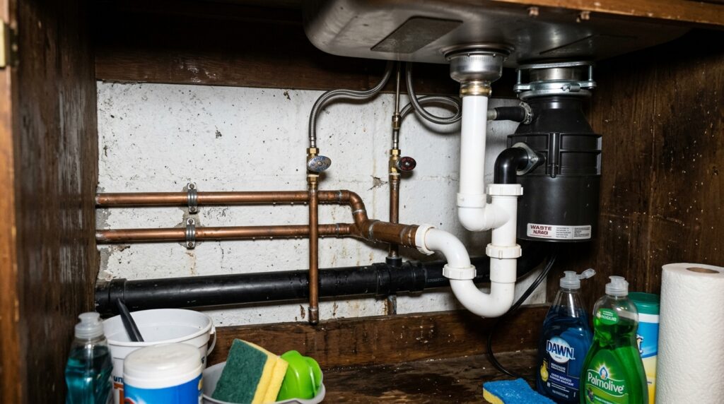 uninsulated pipes under kitchen sink cabinet on exterior wall vulnerable to freezing