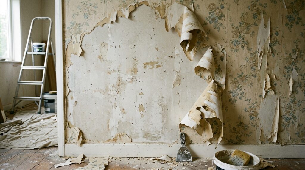 partially stripped wallpaper with drywall visible underneath mid-removal