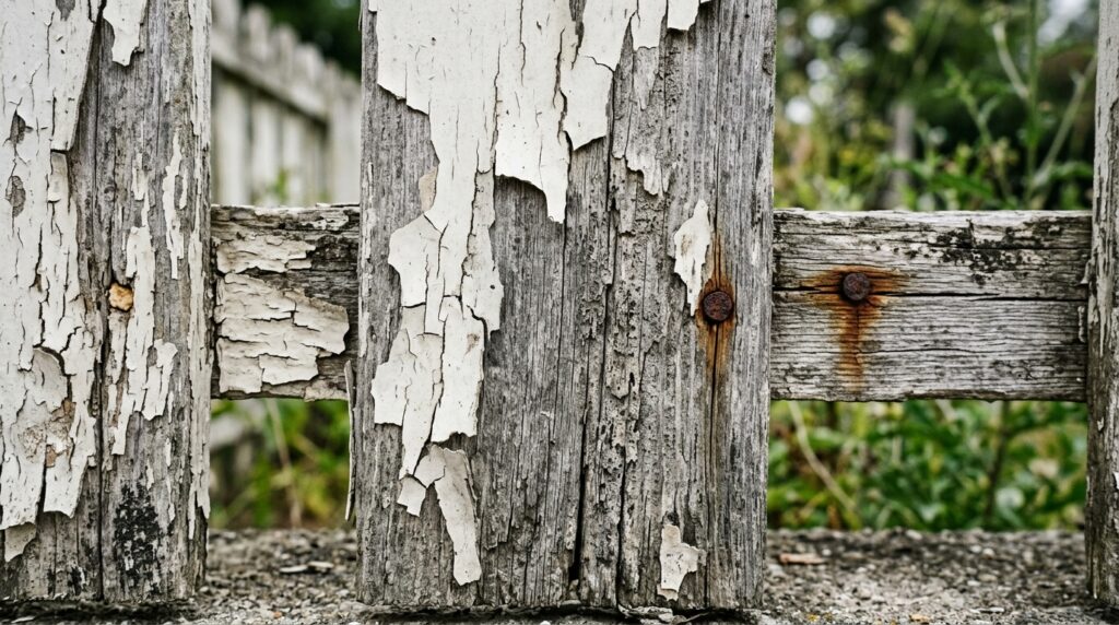 weathered wood fence with peeling and flaking paint showing need for prep before repainting