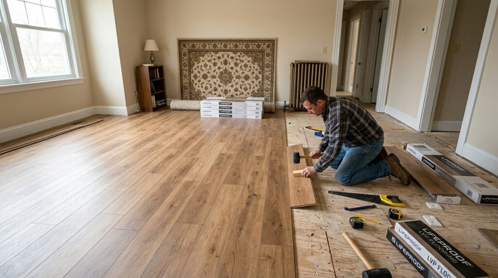 vinyl plank flooring installation in progress with subfloor visible on one side