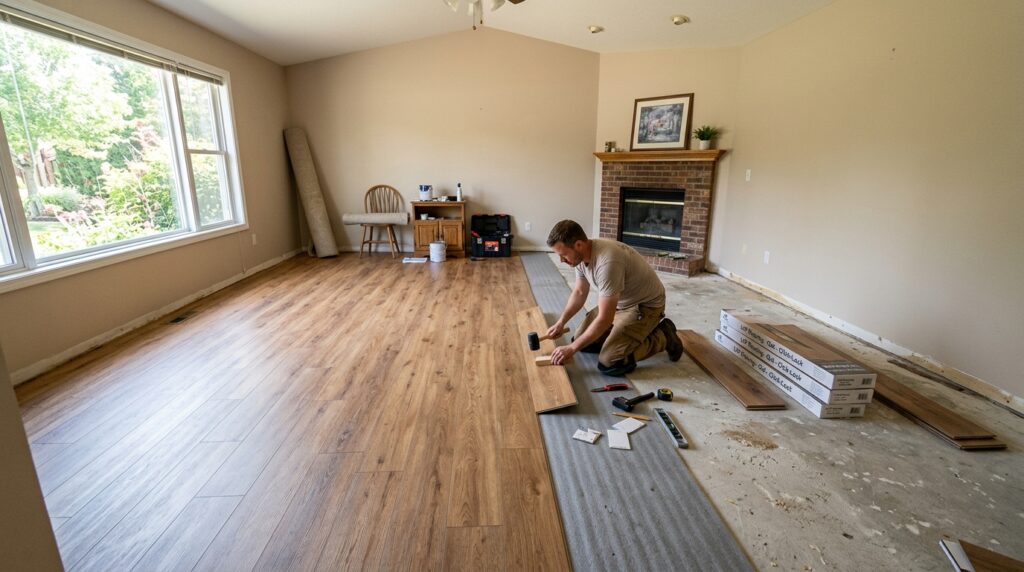 vinyl plank flooring installation in progress with subfloor visible on one side