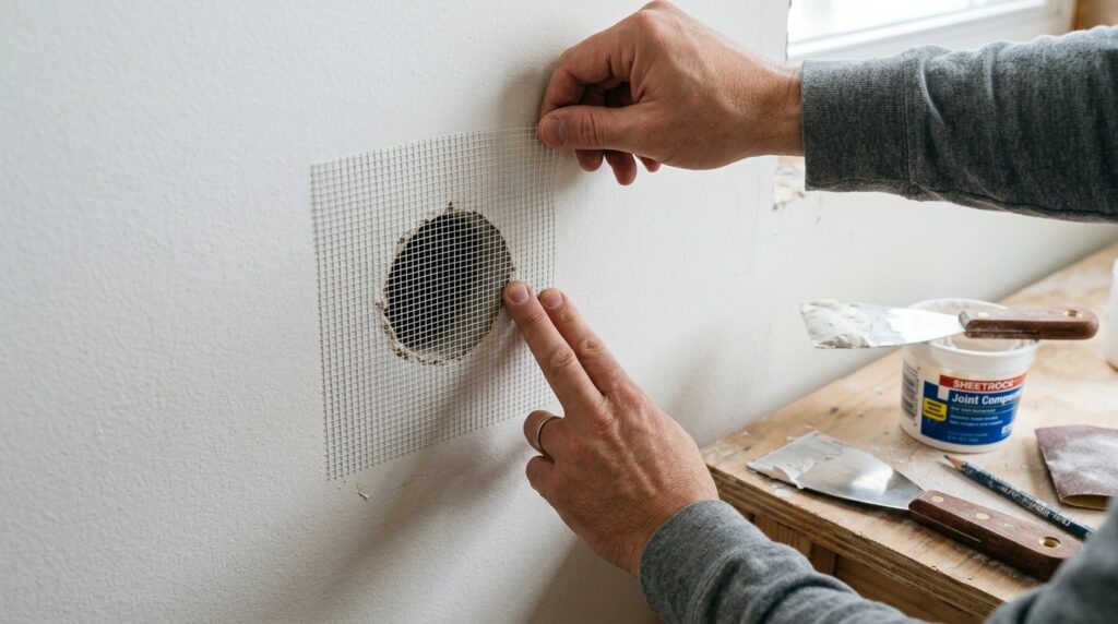 applying self-adhesive mesh patch over drywall hole before joint compound