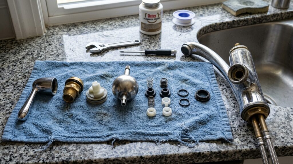 ball faucet parts laid out in order showing springs seats O-rings and ball assembly