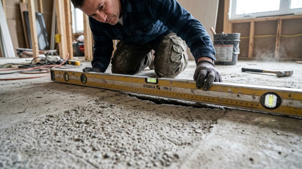 checking subfloor flatness with level before vinyl plank installation