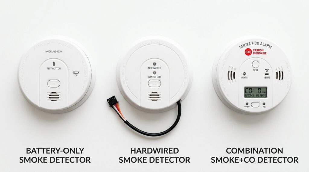 three types of smoke detectors battery hardwired and combination CO detector
