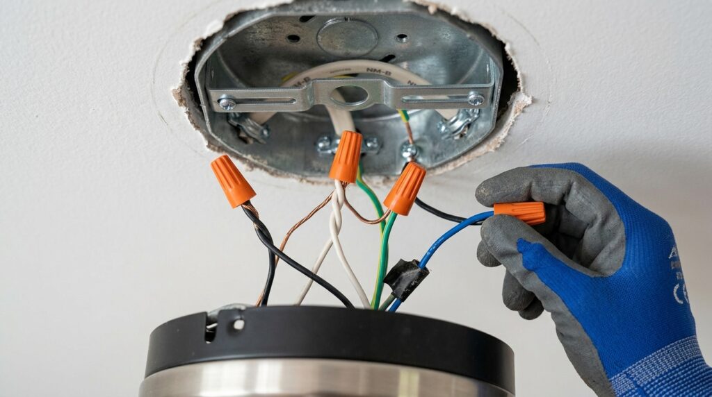 ceiling fan wire connections showing black white ground and blue wires with wire nuts