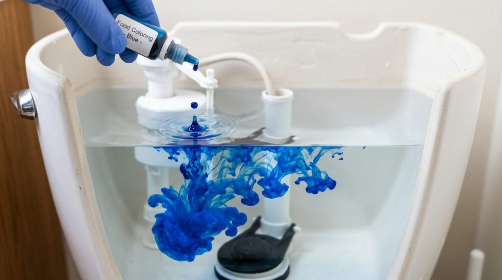food coloring drops added to toilet tank to test for flapper leak