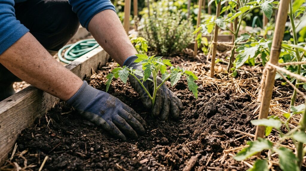 tomato transplant being planted deeply with lower leaves removed showing correct deep planting method