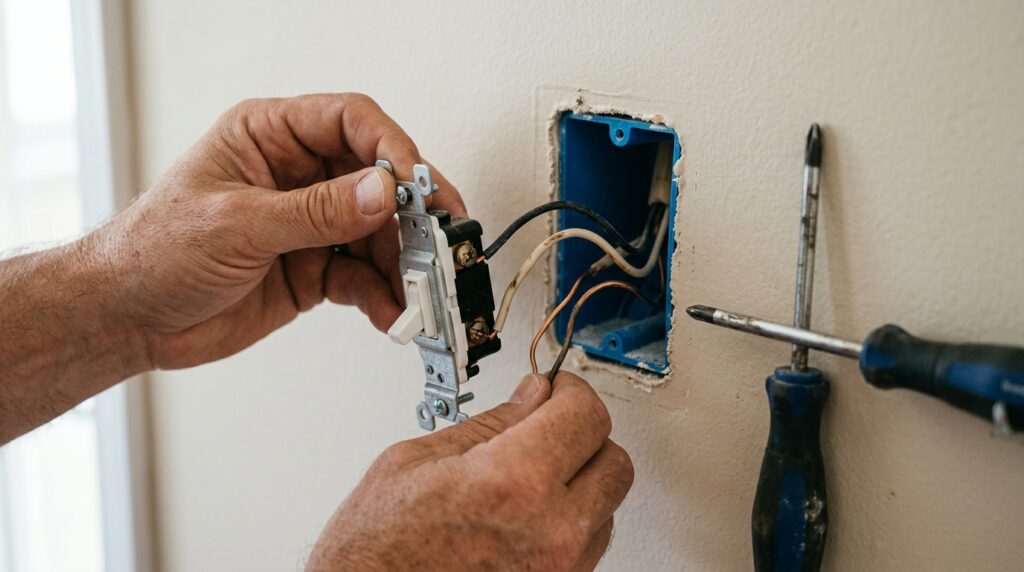 hands removing old light switch from electrical box before installing dimmer