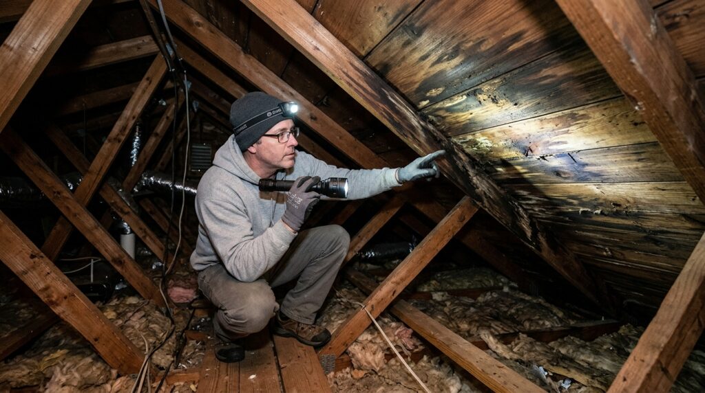 person inspecting attic with flashlight finding water stain on roof decking