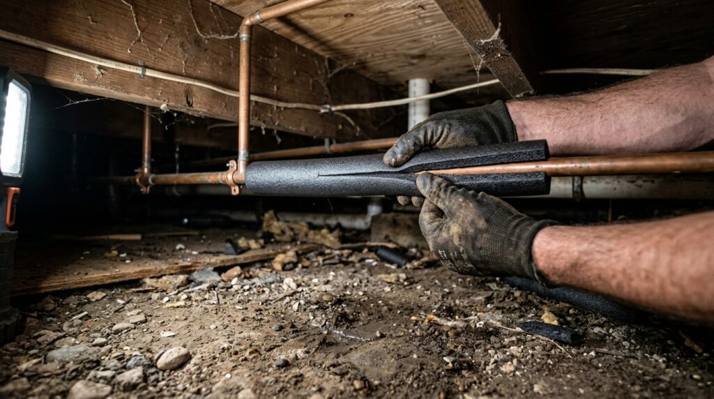 installing foam pipe insulation around copper pipe in crawl space to prevent freezing