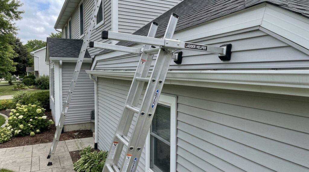 ladder stabilizer correctly positioned against house wall above gutter