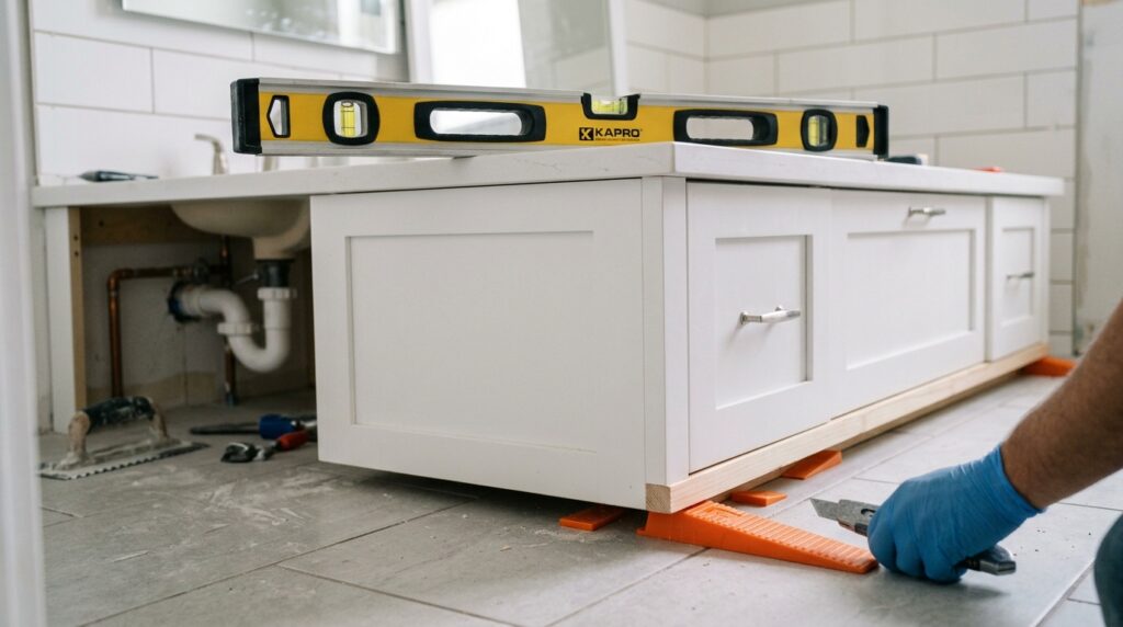 using level to check bathroom vanity cabinet during installation with shim at base