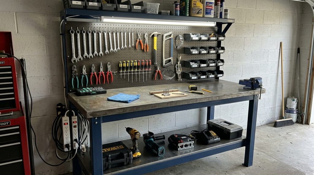 organized workbench with LED shop light above and pegboard behind with tools hung neatly