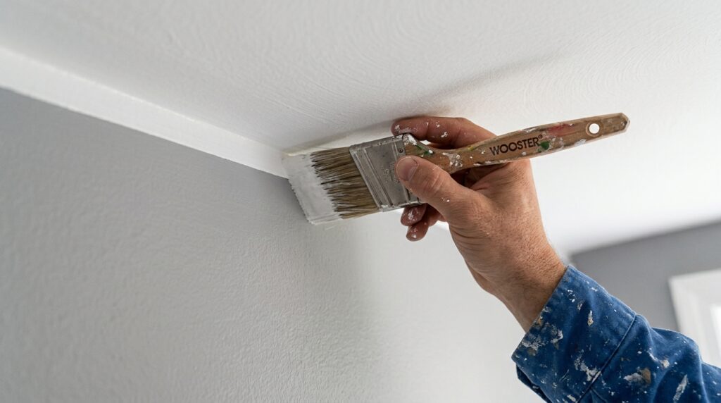 angled brush cutting in white ceiling paint along wall-ceiling junction with painter's tape below