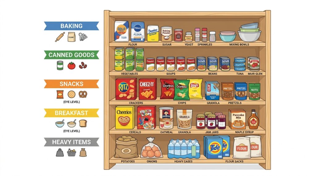 pantry zone layout diagram showing where to place each food category on shelves
