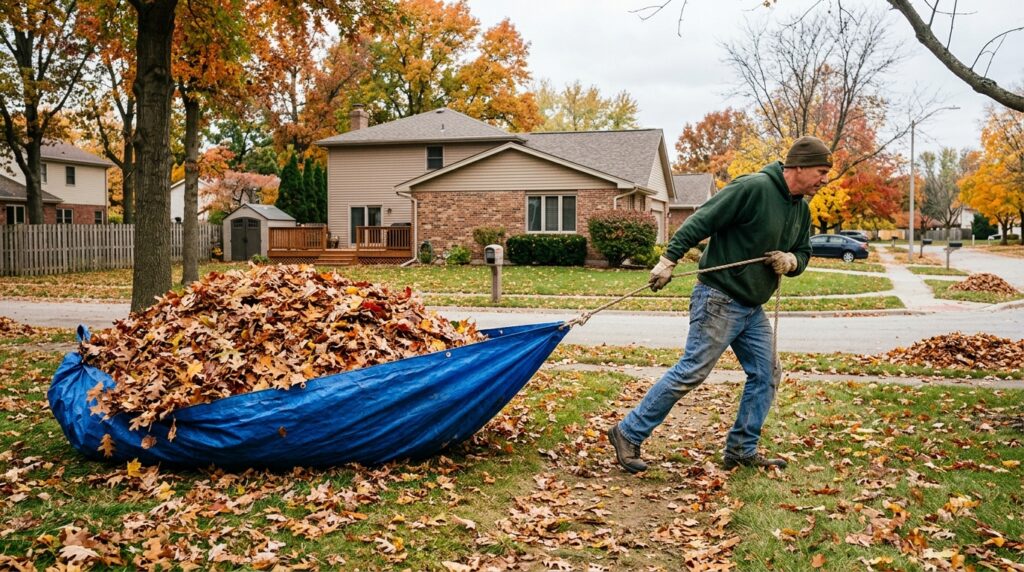person dragging tarp loaded with autumn leaves across yard for efficient disposal