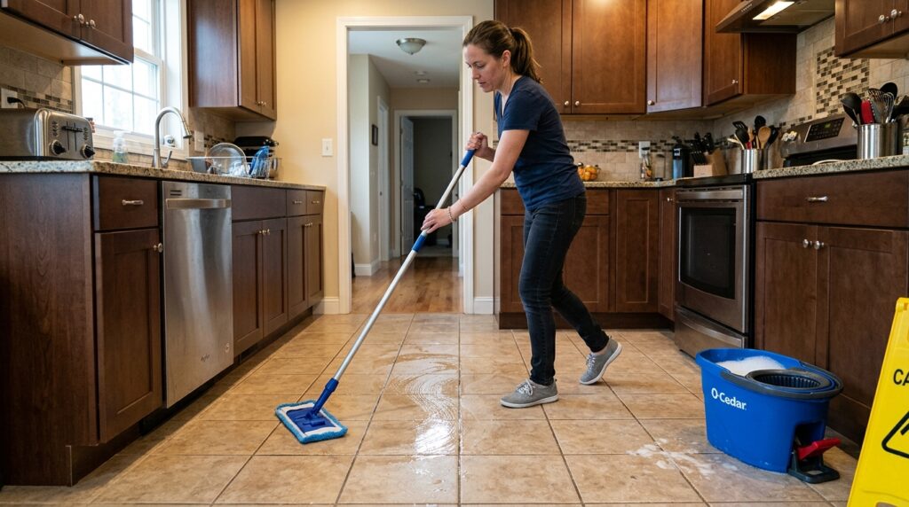 person mopping tile floor with microfiber mop in S-pattern technique