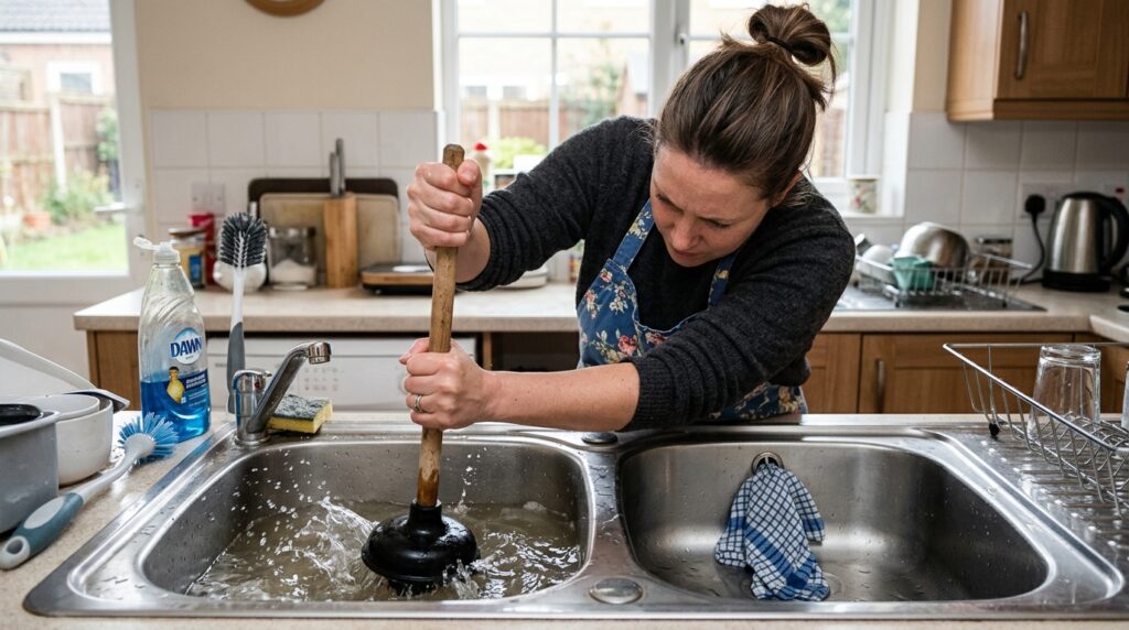 plunging kitchen sink with cup plunger and overflow hole plugged with wet rag