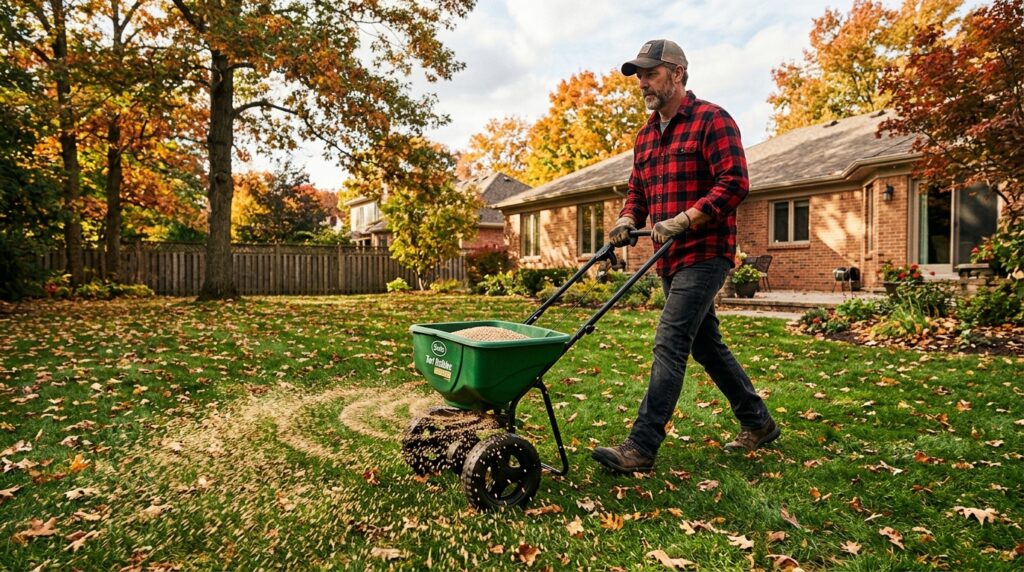 broadcast spreader distributing grass seed evenly across lawn for new planting