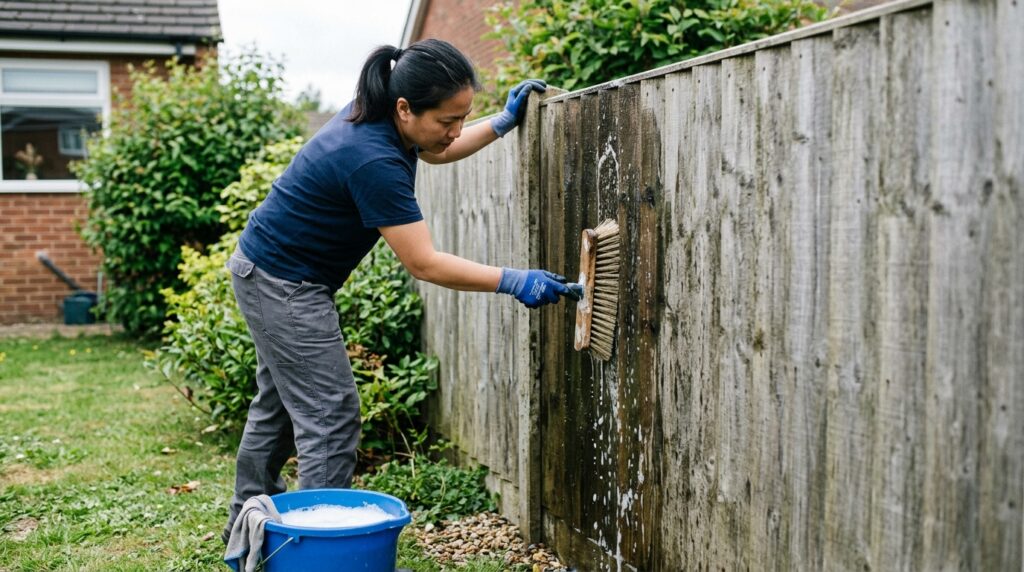 person scrubbing wood fence with stiff brush and soapy water before painting