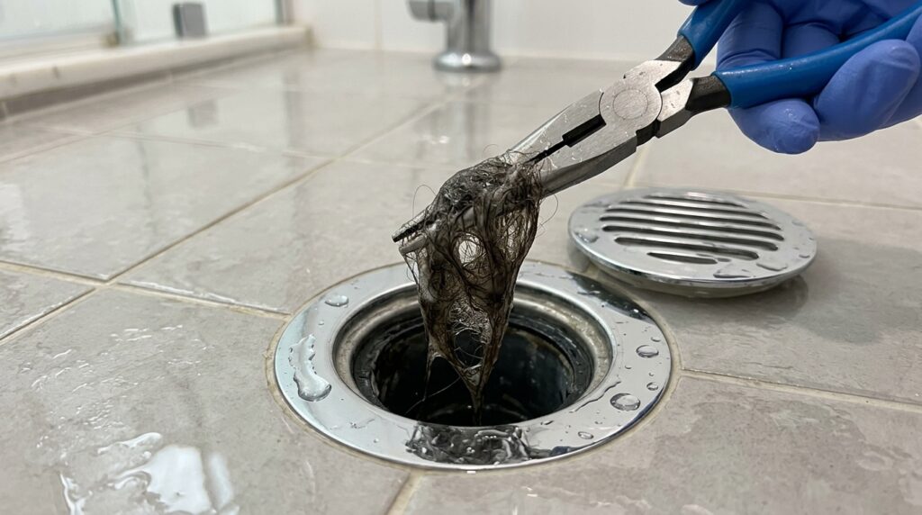 needle nose pliers removing hair clog from open shower drain
