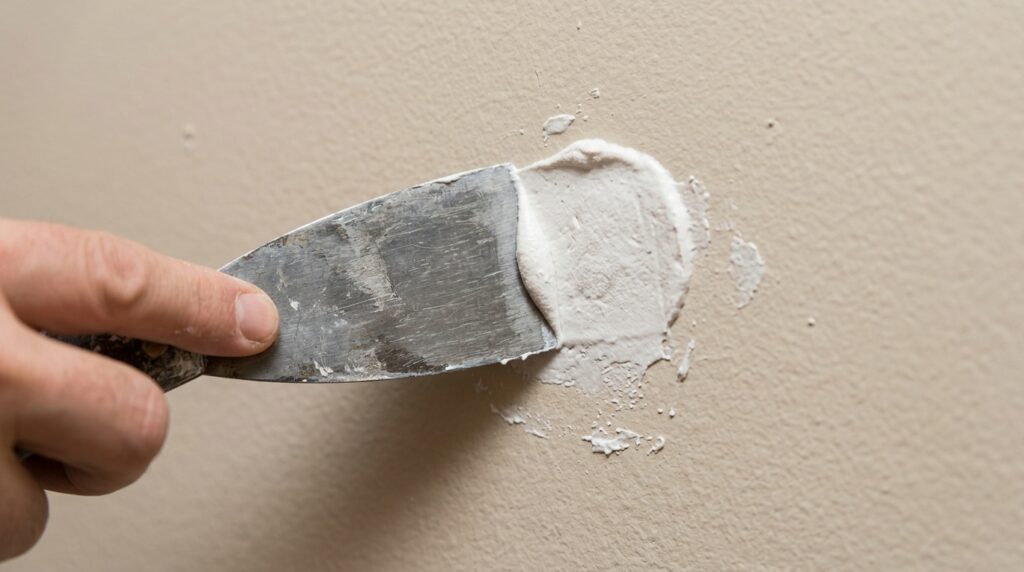 applying spackling paste to nail hole in wall with putty knife