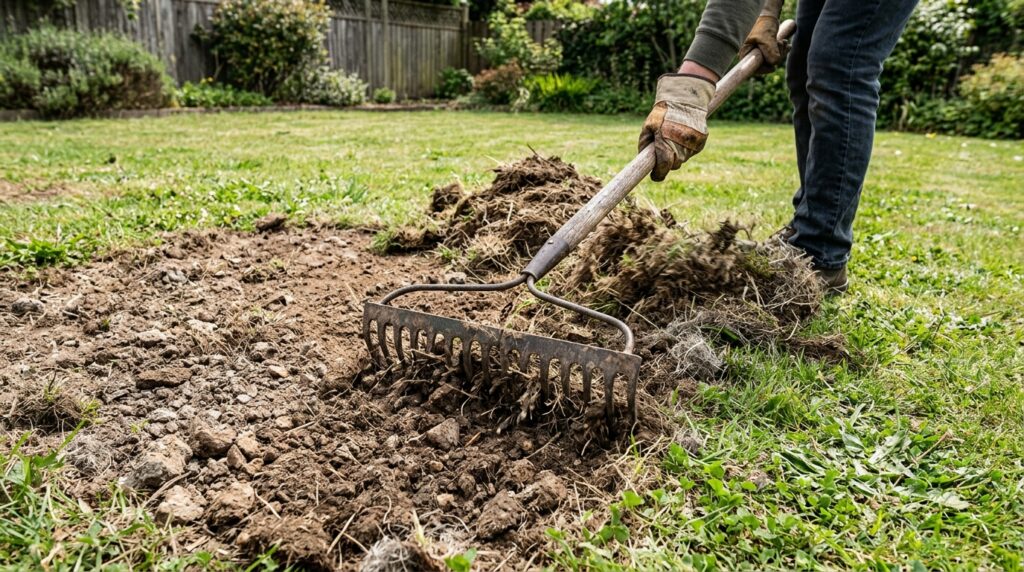 rake loosening compacted bare soil patch in lawn before reseeding