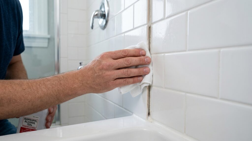 wiping cleaned shower joint with isopropyl alcohol before applying new caulk