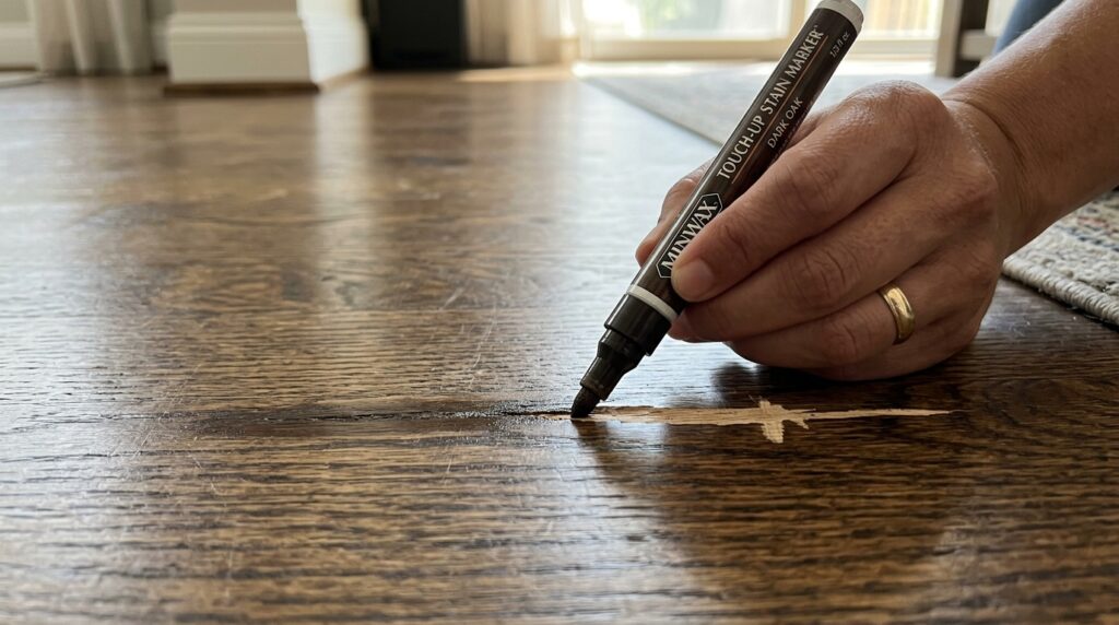 wood stain marker applied to scratch in hardwood floor for color repair